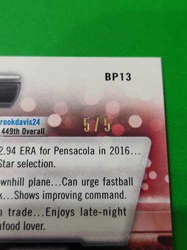 Rookie Davis 2017 Bowman Red Paper Parallel 5/5, #BP13, Cincinnati Reds - Imagen 6 de 6