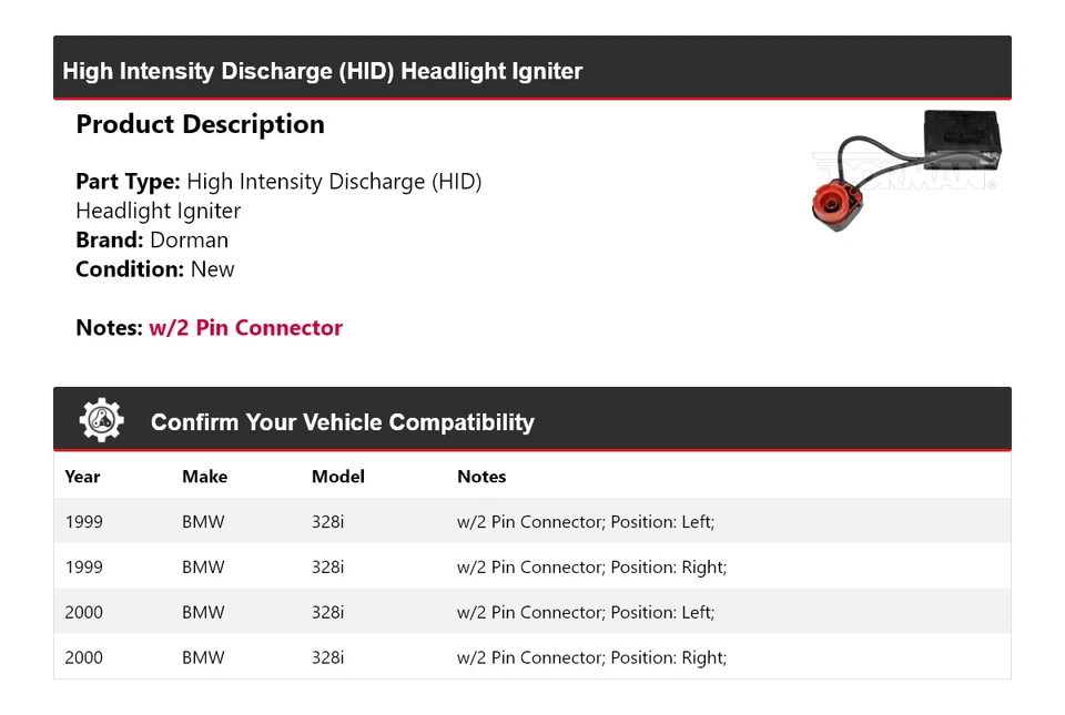 Encendedor de faros de descarga de alta intensidad (HID) BMW 328i Dorman 1999-2000 Foto 2 de 4