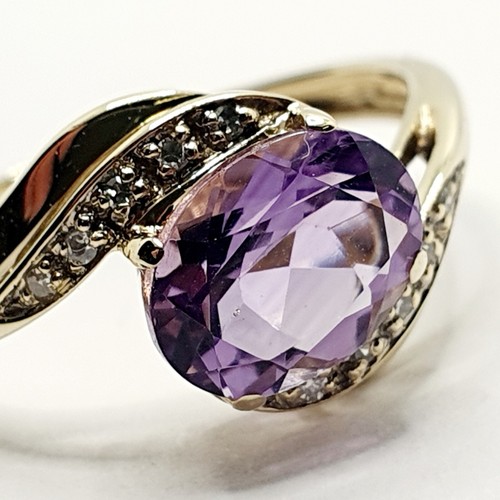 QVC 9ct Amethyst & Diamond Cluster Twist Crisscross Yellow Gold Ring Size Q 3/4 - Picture 7 of 21