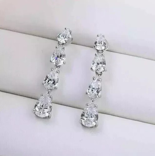 4Ct Pear Cut Lab Created Diamond Women Drop Dangle Earring 14K White Gold Plated - Picture 1 of 5