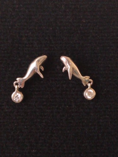 Vintage Sterling Silver Humpback Whales Post Stud Dangle Earrings 3/4" CZ Accent - Picture 1 of 18