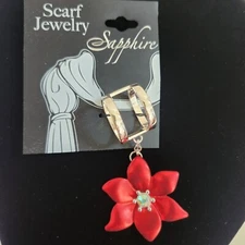 Poinsettia Scarf Ring Clip Silver Tone Gemstone Center NEW Christmas Jewelry 