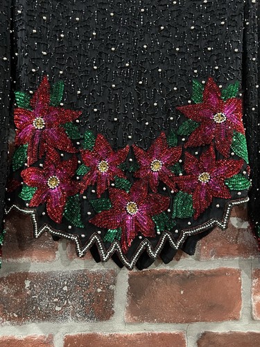 Laurence Kazar Black Beaded Silk Top Poinsettia Flowers Size Large - Picture 4 of 9