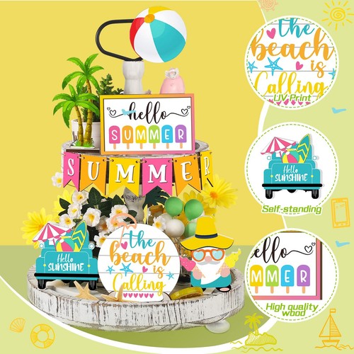12 Pcs Tiered Tray Decor Set - Hello Summer Hawaii Farmhouse Rustic Beach Gno... - Picture 4 of 6