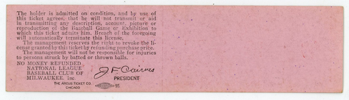 MILWAUKEE BRAVES Sept 21 1960 FULL TICKET NEAR MINT Condition HANK AARON HR #217 - Picture 2 of 2