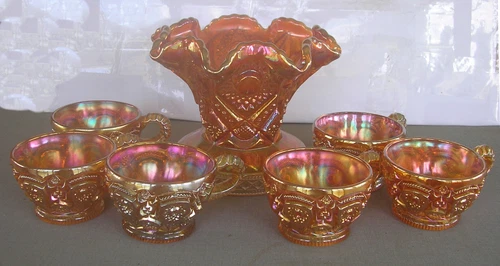 Vintage Imperial Carnival Glass Marigold Set of Cups & Vase