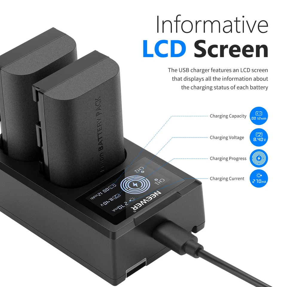 Paquete de 2 baterías de repuesto Neewer LP-E6NH 2250mAh con cargador USB de dos canales Foto 3 de 4