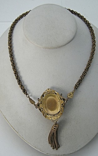 Art Deco Messing Quaste Floral Repousse Halskette Tschechisch Kampfer Glas & Strass - Bild 4 von 10