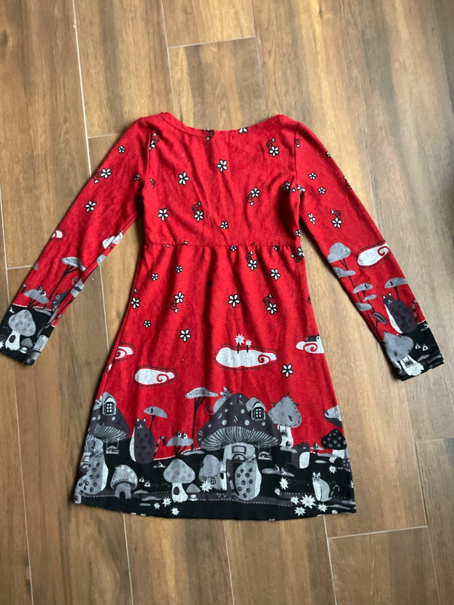 The Aryeh for Anthropologie Red Black mushrooms and cat Print Sweater Dress  S