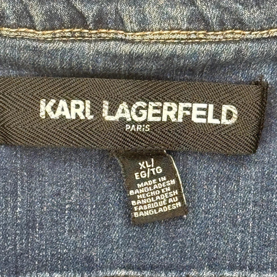 Jaqueta Karl Lagerfeld Paris Feminina Extra Grande Azul Denim Caminhoneiro Desgastado Elástico - Imagem 3 de 4