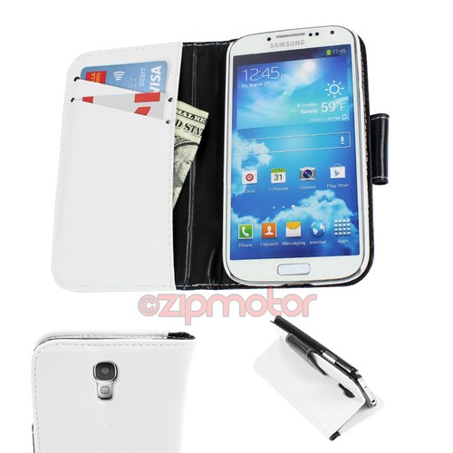 2X WALLET CASE COVER+SCREEN PROTECTOR STAND PU LEATHER WHITE GALAXY SIV S4 I9500 - Photo 2 sur 2