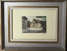 Antique Early VTG European Hand Tinted Etching On Silk Signed Street Scene ￼