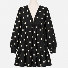 Zara Black White Textured Polka Dot Mini Dress Women’s Small Long Sleeves