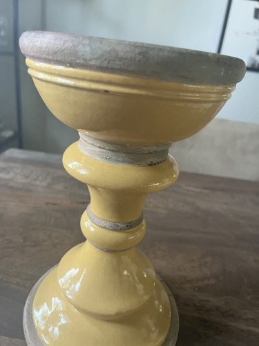 Pottery Barn Mariposa Pillar Candle Holder Tuscan Yellow Glaze Crackle 9.75” - Picture 5 of 6