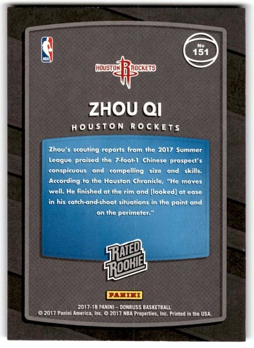 Zhou Qi 2017-18 Donruss Rated Rookie #151 Houston Rockets - Picture 2 of 2