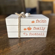 Quill to Paper by Sixtrees Wood Faux Book Stack “Faith, Family, Football” White