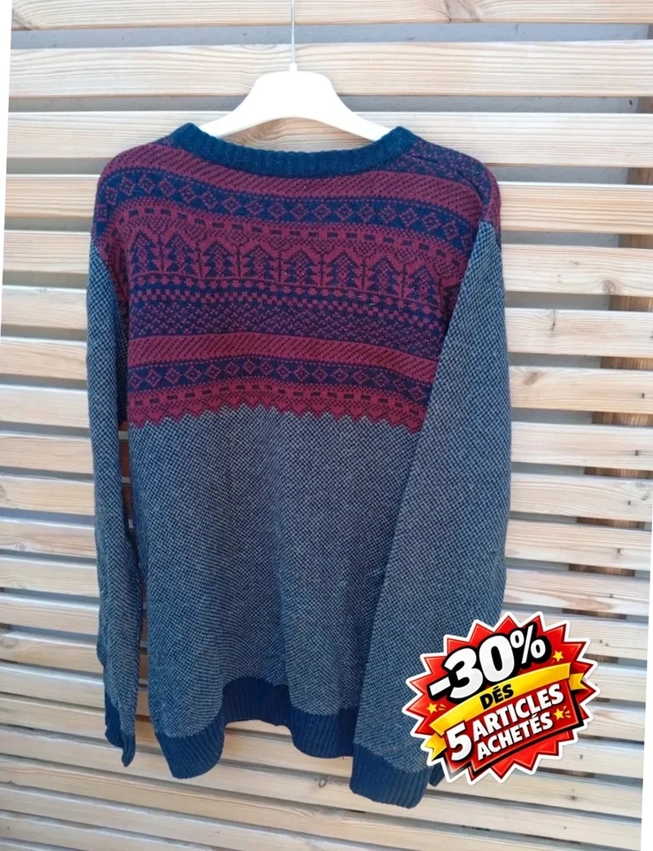 Pull Homme Style Papy Avenue Gris Et Rouge – Taille XL – 15 % Laine – Très Bon - Photo 3/3