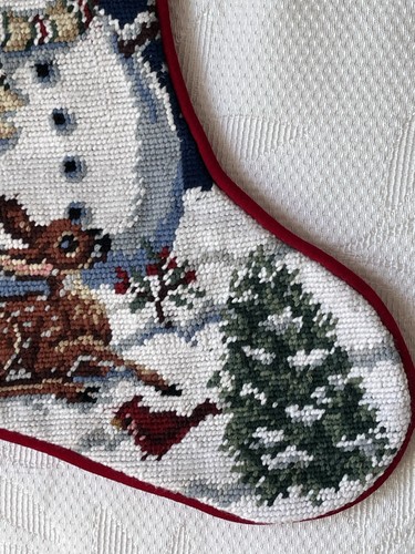 Forest Snowman Wool Needlepoint Red Velvet Lined Christmas Stocking 17” Walter - Picture 5 of 18