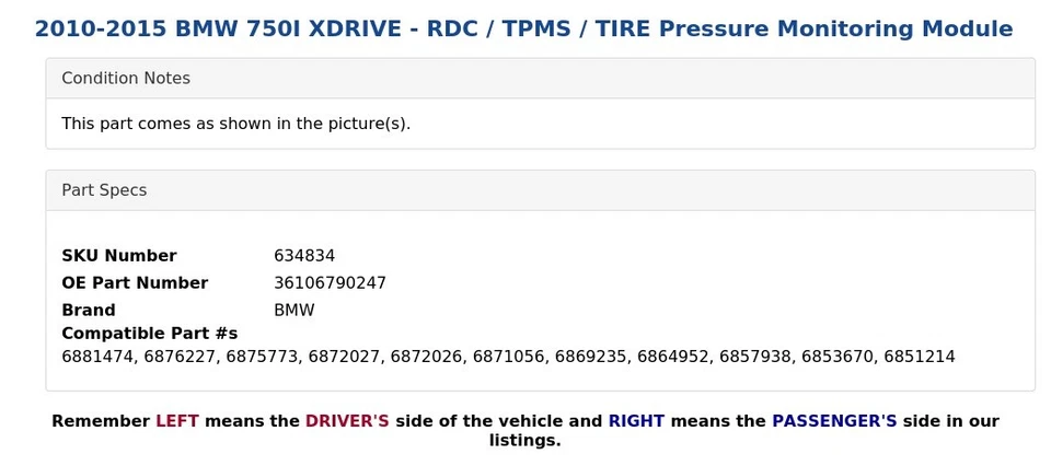 2010-2015 BMW 750I XDRIVE - RDC / TPMS / TIRE Pressure Monitoring Module - Image 4 of 4