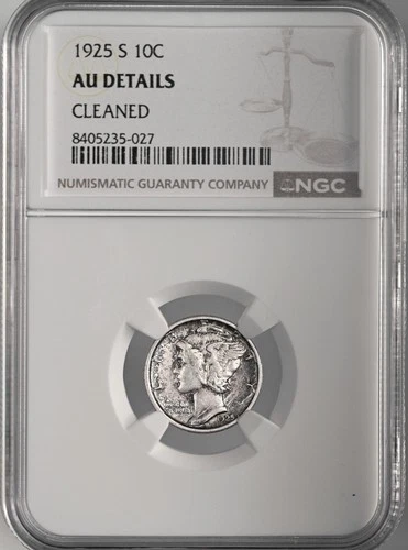 1925-S  10C MERCURY SILVER DIME  NGC AU DETAILS "CLEANED"  #8405235-027