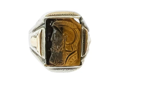 Vintage 10k Gold Sterling Mens Tigers Eye Roman Soldier Cameo Ring As Is Sz 10.5