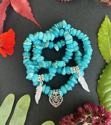 Handcrafted ! NEW Turquoise Gemstone Bracelet With Charm & Velvet Gift Bag Fab - Picture 14 of 15