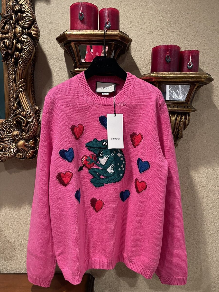 100 Authentic GUCCI Frog Hearts Pink Wool Knit Sweater 1300 Tax Size M eBay