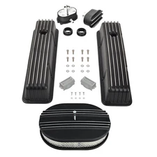 For SBC Chevy 58-86 Finned Tall Valve Cover &12" Half Air Cleaner & PCV Breather