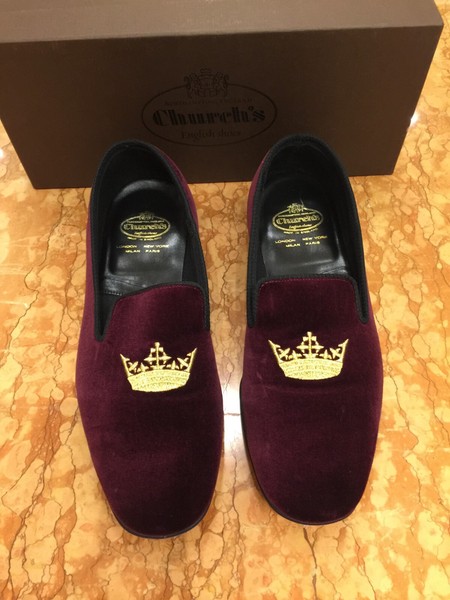 Church's Weinrot Samt Hausschuhe Halbschuhe mit golden bestickter Krone - einmal getragen