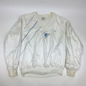 Vtg-80s-ADIDAS-white-PULLOVER-Windbreaker-TREFOIL-V-neck-Swishy-Satin-USA-Dope