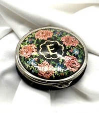 Vintage Embroidered Letter "E" & Roses Mirrored Powder with Puff Compact 2.5"