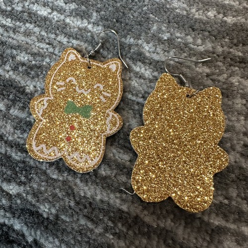 Cat Earrings Christmas Dangle Gingerbread Gold Glitter Kitten Holiday Cat Lady - Picture 3 of 5