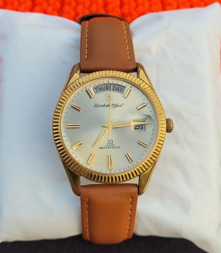 Vintage Ricoh Auto Just 33 Jewels President Day/Date Golden Men's Watch Fluted