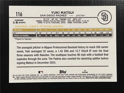 2024 TOPPS CHROME YUKI MATSUI 10/10 BLACK RAY WAVE RC #116 PADRES! SC-600 - Picture 2 of 2