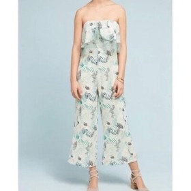 New Foxiedox Lace Ruffle Printed Cropped Strapless Jumpsuit Green Petite Size XS