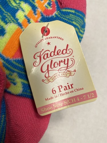 faded glory girls no shoe ankle socks 6 pairs size small shoe 4-7.5 - Picture 2 of 5