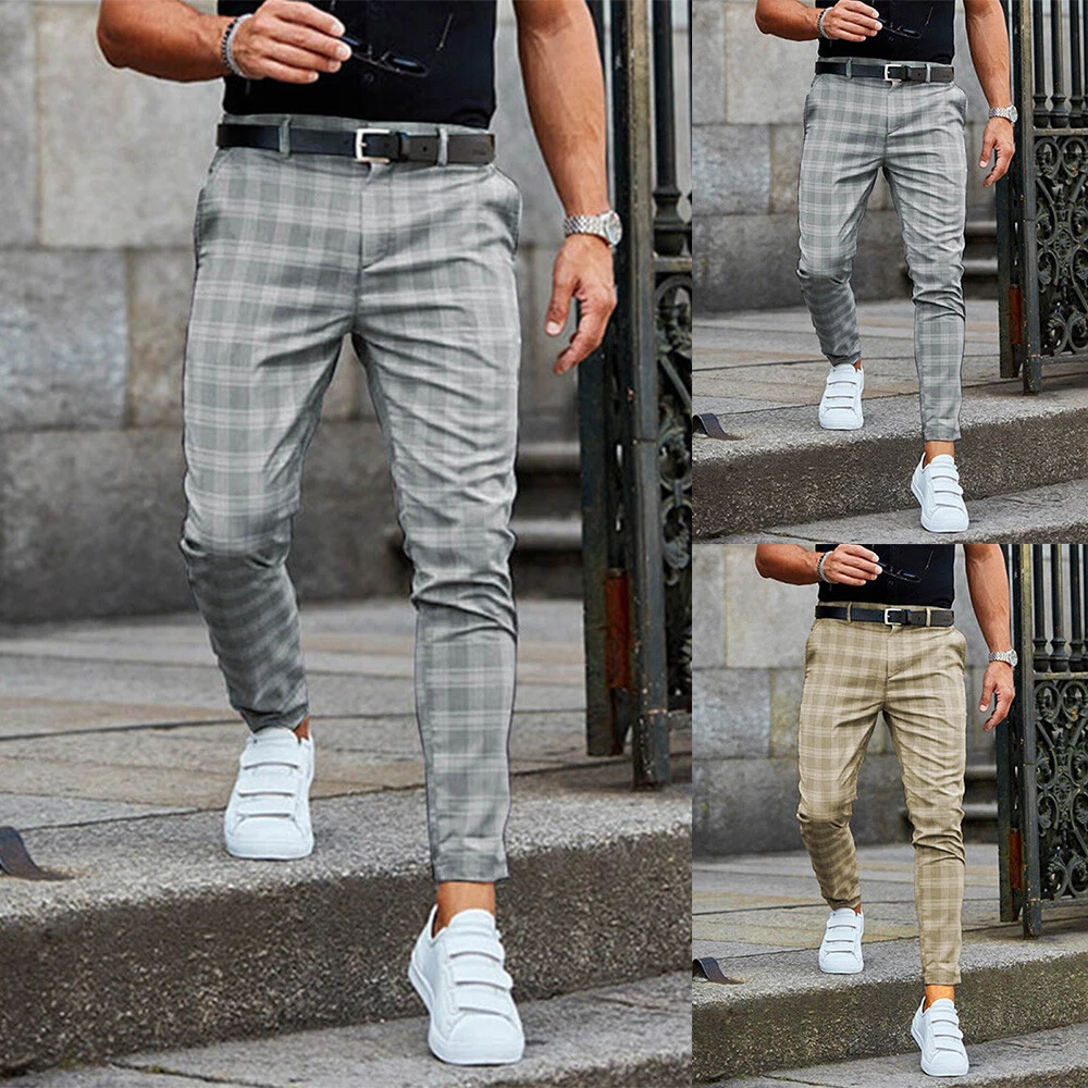 Men's Plaid Skinny Pencil Pants Business Formal Casual Slim Fit Trousers Bottoms