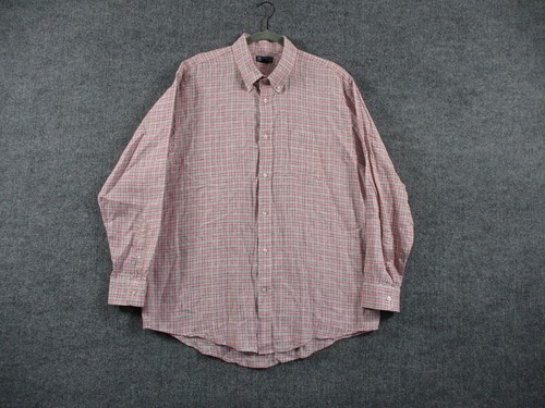 Lands End Shirt Mens 17 33 Pink Plaid Irish Linen Button Down Baird McNutt Woven - Picture 1 of 14