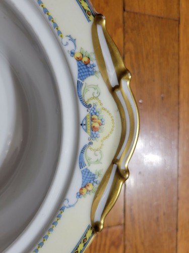 BERNARDAUD FRANCE BLUE HORN OF PLENTY COVERED VEGETABLE BOWL WHITE BODY FRUIT - Picture 3 of 10
