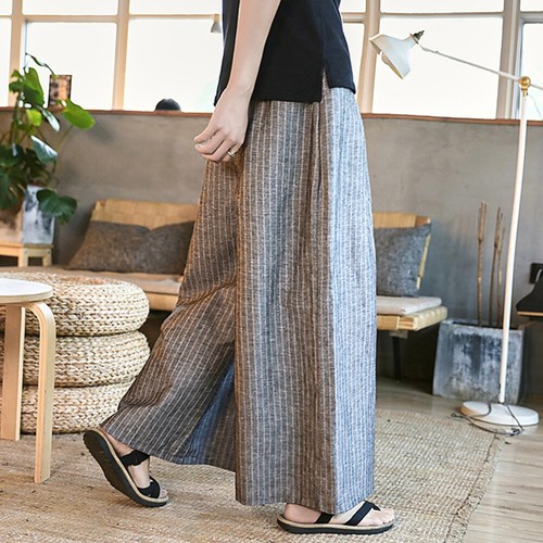 Pantalones Capri De Colección Para Hombre Lino Corte Suelto Pierna Ancha Rayas Kimono Pantalones Largos - Imagen 10 de 16