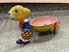  VINTAGE J.CHEIN TIN LITHO EASTER BUNNY PULLING EGG SHAPED CART ST
