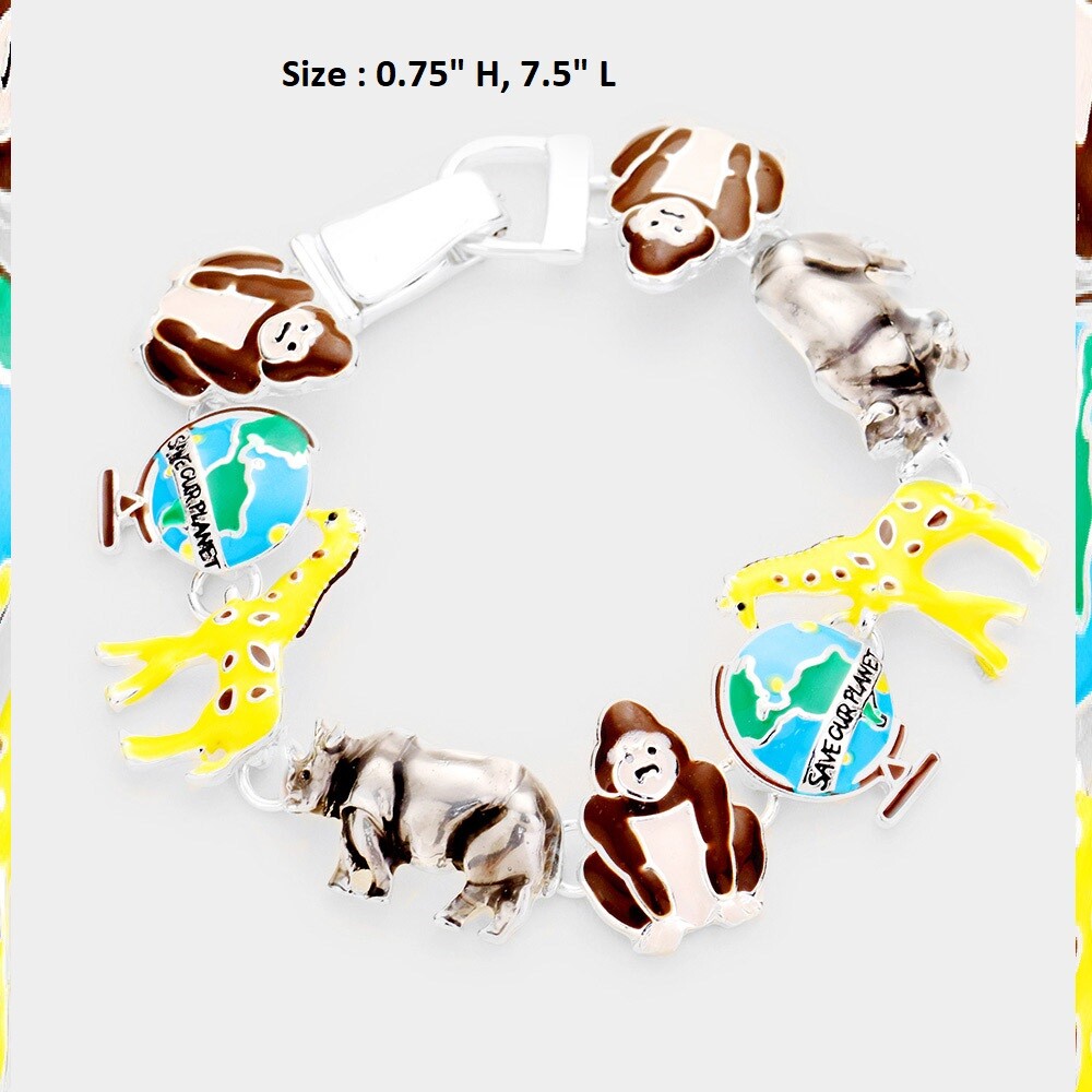 Silver Chain Multi Charm Bracelet Magnetic Closure Monkey Giraffe