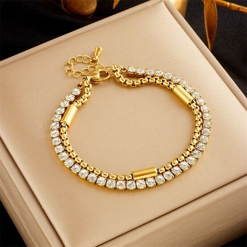Woman 18K Gold Plated 2 layers CZ Square Rolo Tube Chain Bracelet Bangle - Picture 3 of 5
