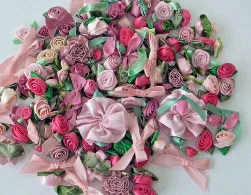 Bulk Supply-200+ Satin Ribbon Roses and Bows-Shabby Mix-Pinks