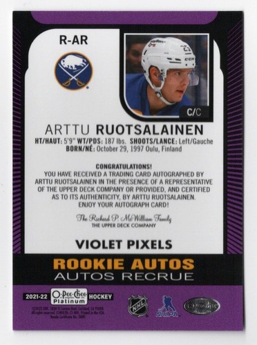 2021-22 O-Pee-Chee Platinum Violet Pixels Rookie Autograph Arttu Ruotsalainen - Picture 2 of 2
