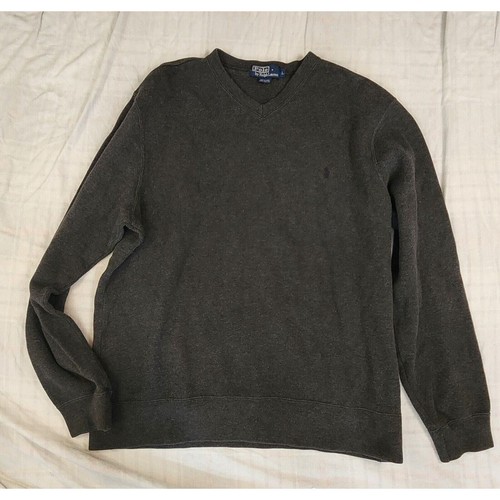 Polo Ralph Lauren Sweater Mens L Charcoal Gray Vintage Tight Knit V-Neck Cotton