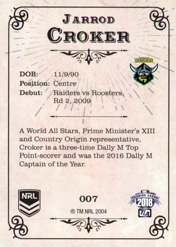 Signed 2018 CANBERRA RAIDERS NRL Card JARROD CROCKER Glory Special Edition - Bild 2 von 3
