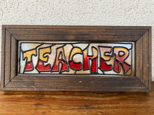 Stained Glass Teacher Sign Faux Yellow Red White Vintage 14 x 6" Wood Frame 1970 - Picture 2 of 5