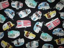 RETRO TRAILER VINTAGE CAMPERS BLACK TRAILERS COTTON FABRIC FQ 