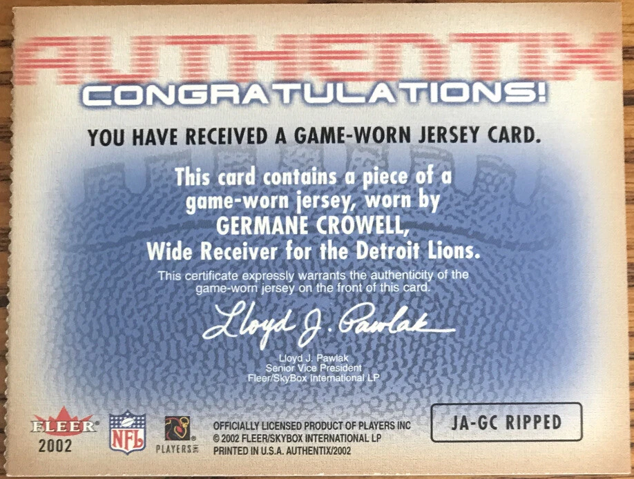 2002 Fleer Authentix Jersey Authentix Ripped Germane Crowell JA-GC - Image 2 of 2